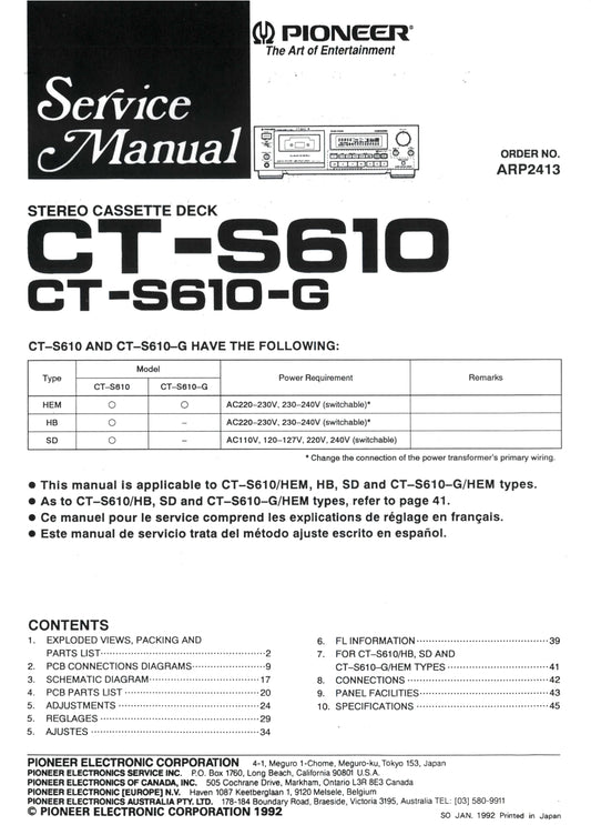 Pioneer CT-S610 & CT-S610-G Stereo Cassette Tape Deck Service Manual (Pages: 31)