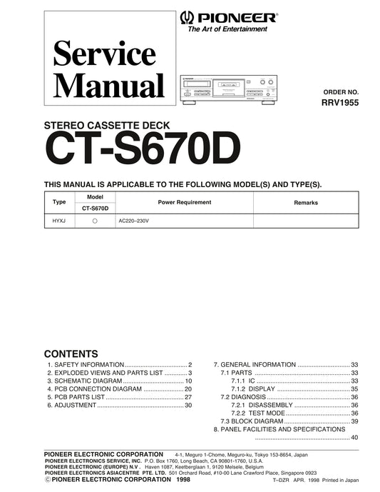 Pioneer CT-S670D Stereo Cassette Tape Deck Service Manual (Pages: 41)