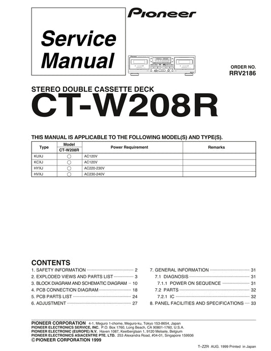 Pioneer CT-W208R Stereo Cassette Tape Deck Service Manual (Pages: 40)
