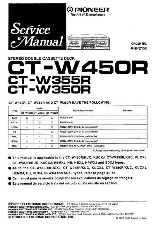 Pioneer CT-W350R, CT-W355R & CT-W450R Stereo Cassette Tape Deck Service Manual (Pages: 28)