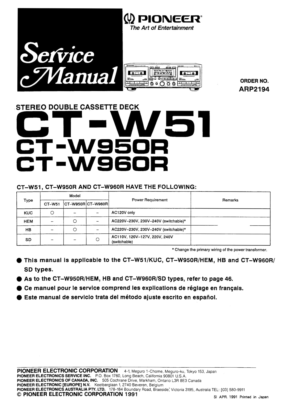 Pioneer CT-W51, CT-W950R & CT-W960R Stereo Cassette Tape Deck Service Manual (Pages: 41)
