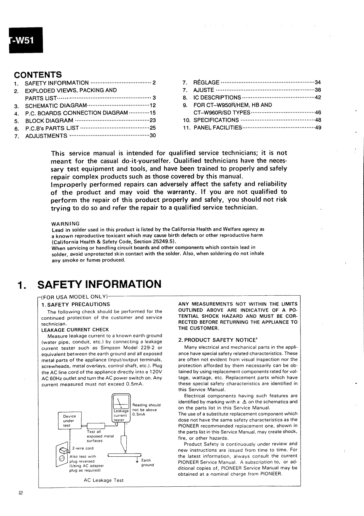 Pioneer CT-W51, CT-W950R & CT-W960R Stereo Cassette Tape Deck Service Manual (Pages: 41)