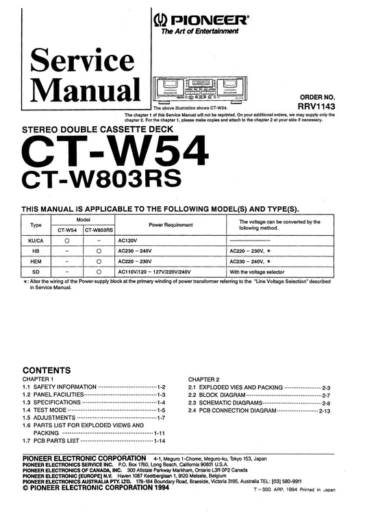 Pioneer CT-W54 & CT-W803RS Stereo Cassette Tape Deck Service Manual (Pages: 34)