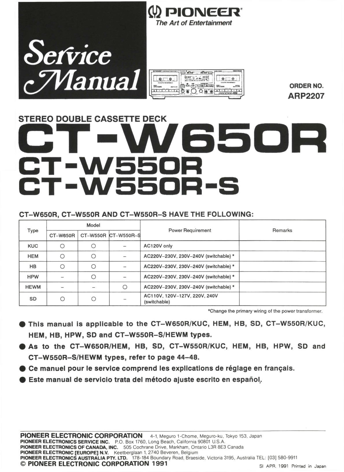 Pioneer CT-W550R, CT-W550R-S & CT-W650R Stereo Cassette Tape Deck Service Manual (Pages: 37)