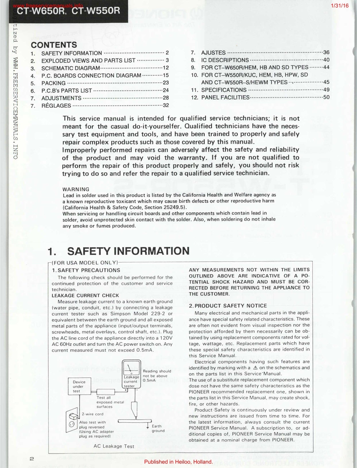 Pioneer CT-W550R, CT-W550R-S & CT-W650R Stereo Cassette Tape Deck Service Manual (Pages: 37)