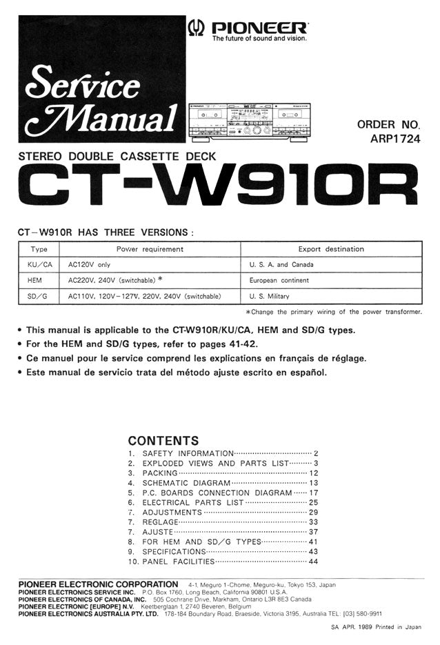 Pioneer CT-W910R Stereo Cassette Tape Deck Service Manual (Pages: 35)