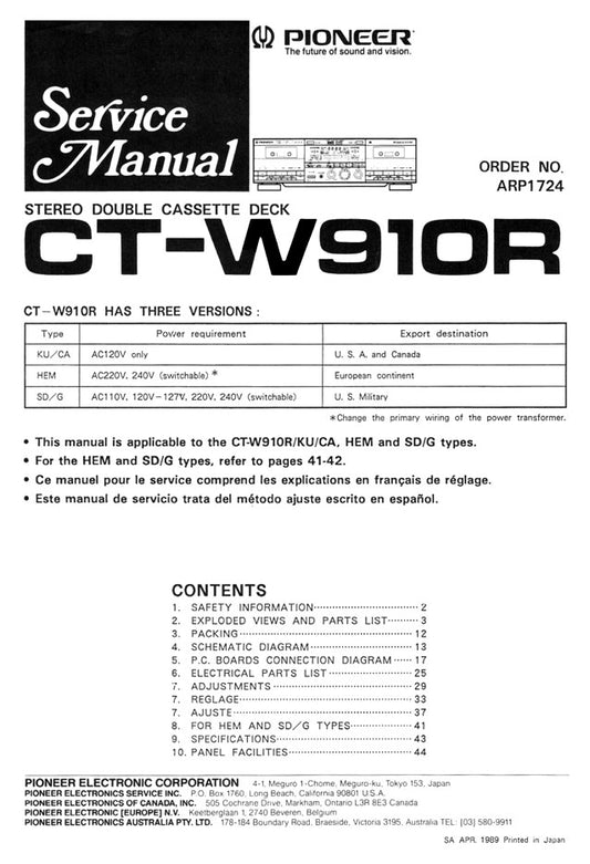 Pioneer CT-W910R Stereo Cassette Tape Deck Service Manual (Pages: 35)