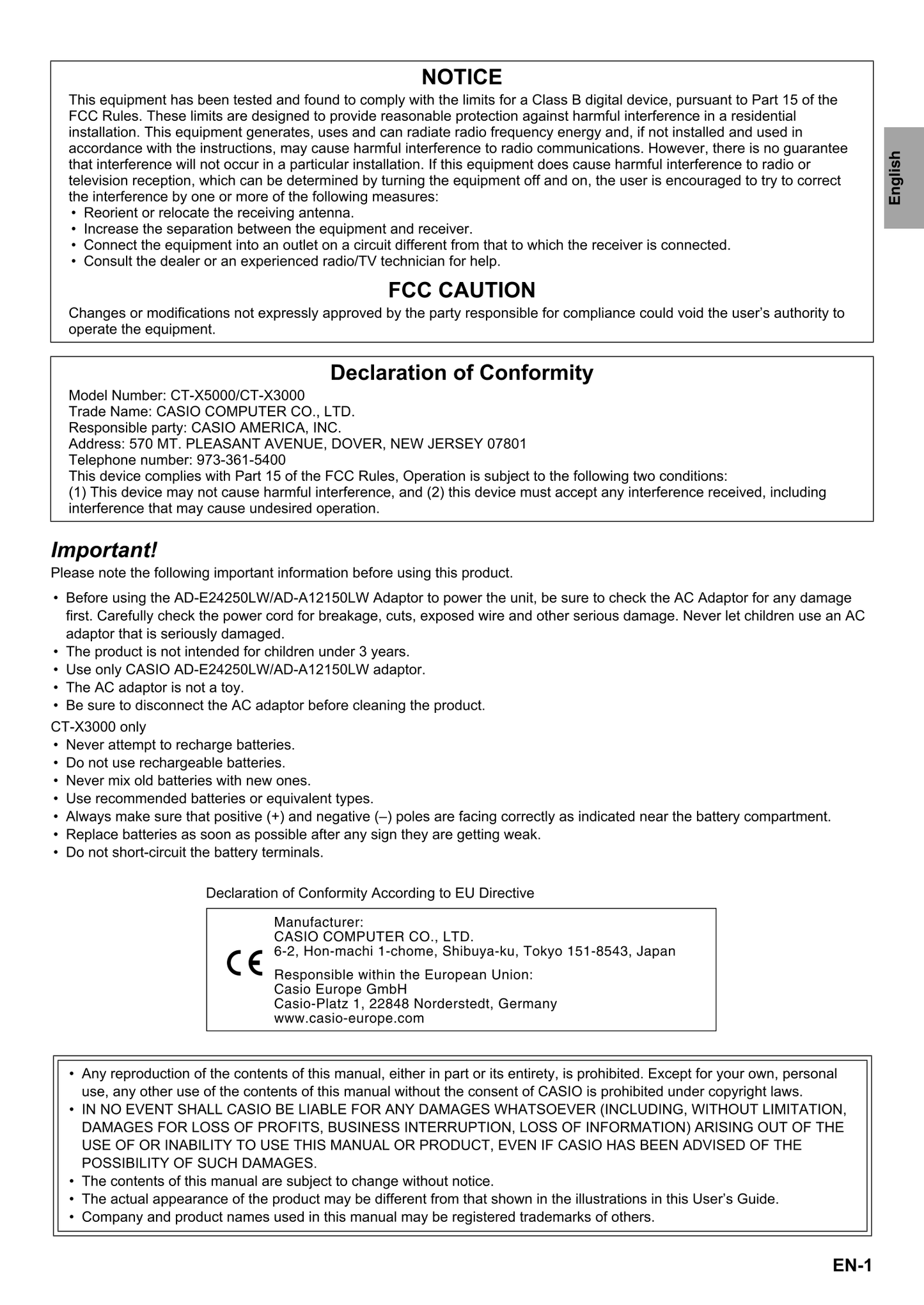 Casio CT-X3000 & CT-X5000 Keyboard Piano Owner's/ User Manual (Pages: 157)