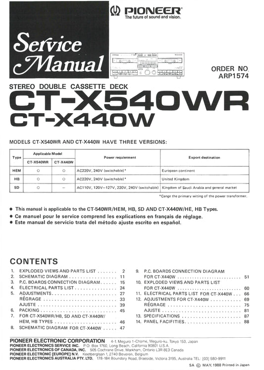 Pioneer CT-X440W & CT-X540WR Stereo Cassette Tape Deck Service Manual (Pages: 61)