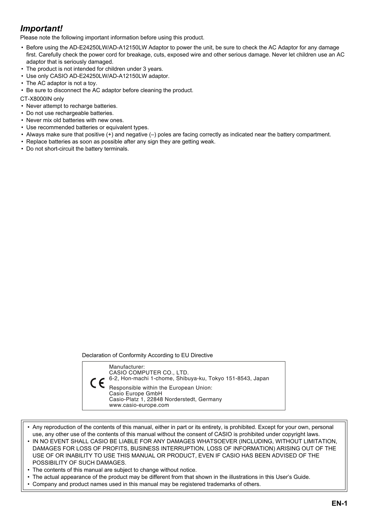 Casio CT-X8000IN & CT-X9000IN Keyboard Piano Owner's/ User Manual (Pages: 147)