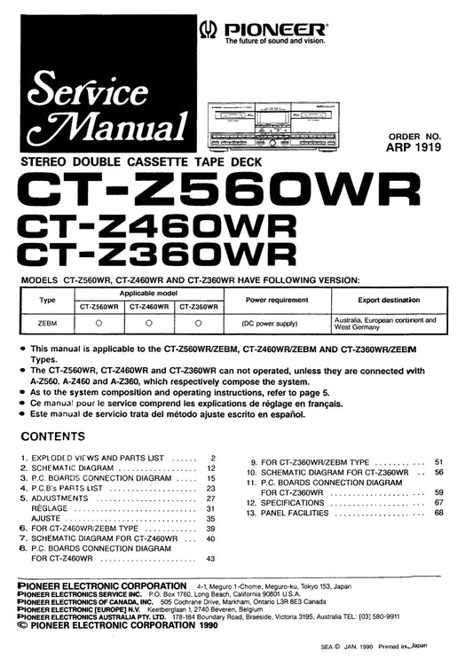 Pioneer CT-Z360WR, CT-Z460WR & CT-Z560WR Stereo Cassette Tape Deck Service Manual (Pages: 56)