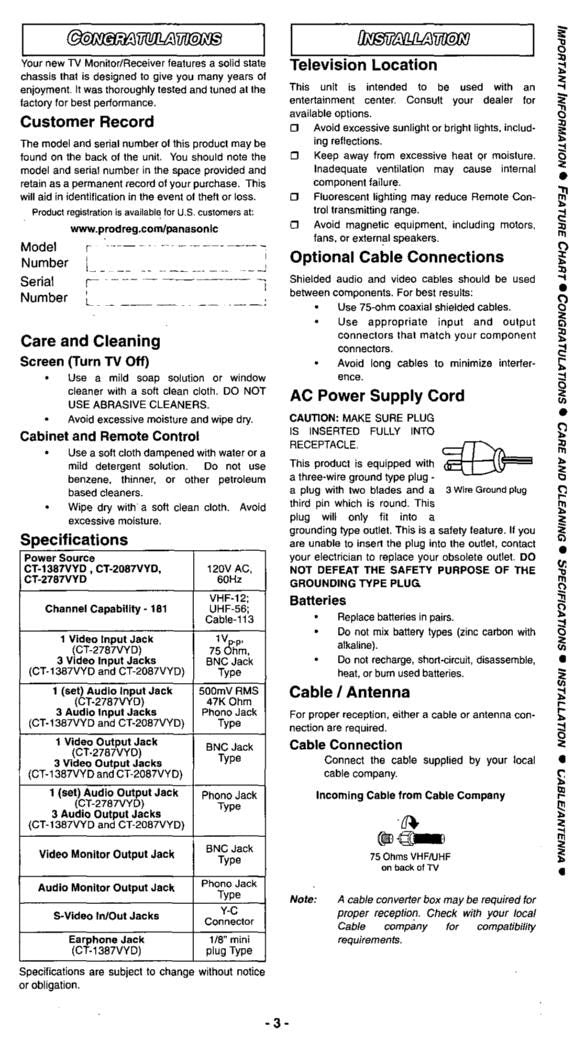 Panasonic CT2087 CT1387 CT2786 TV Operating Manual