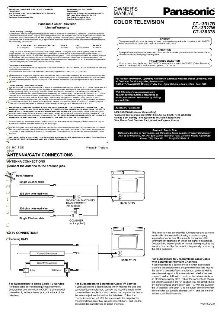 Panasonic CT13R16 CT13R17 CT13R27 TV Operating Manual