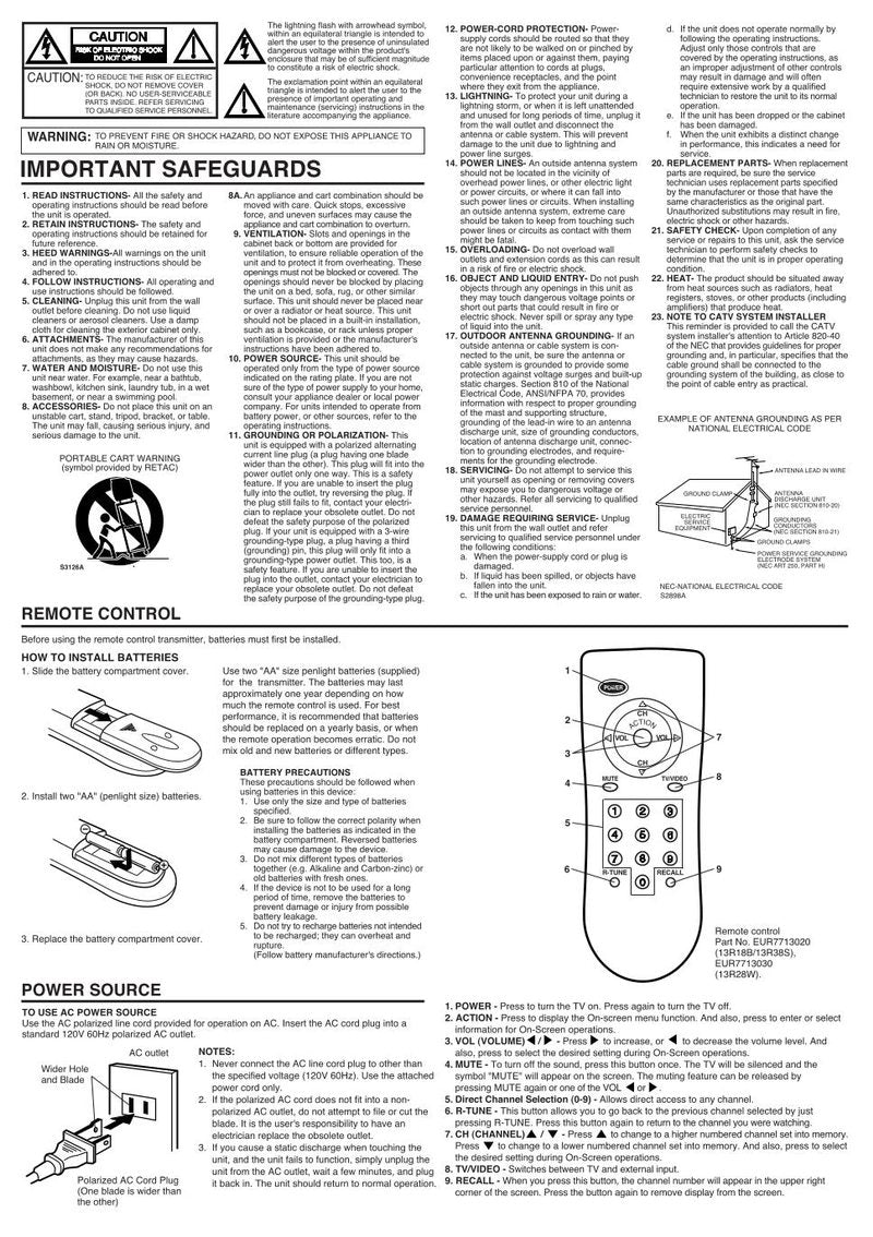 Panasonic CT13R18B CT13R28W CT13R38S TV Operating Manual