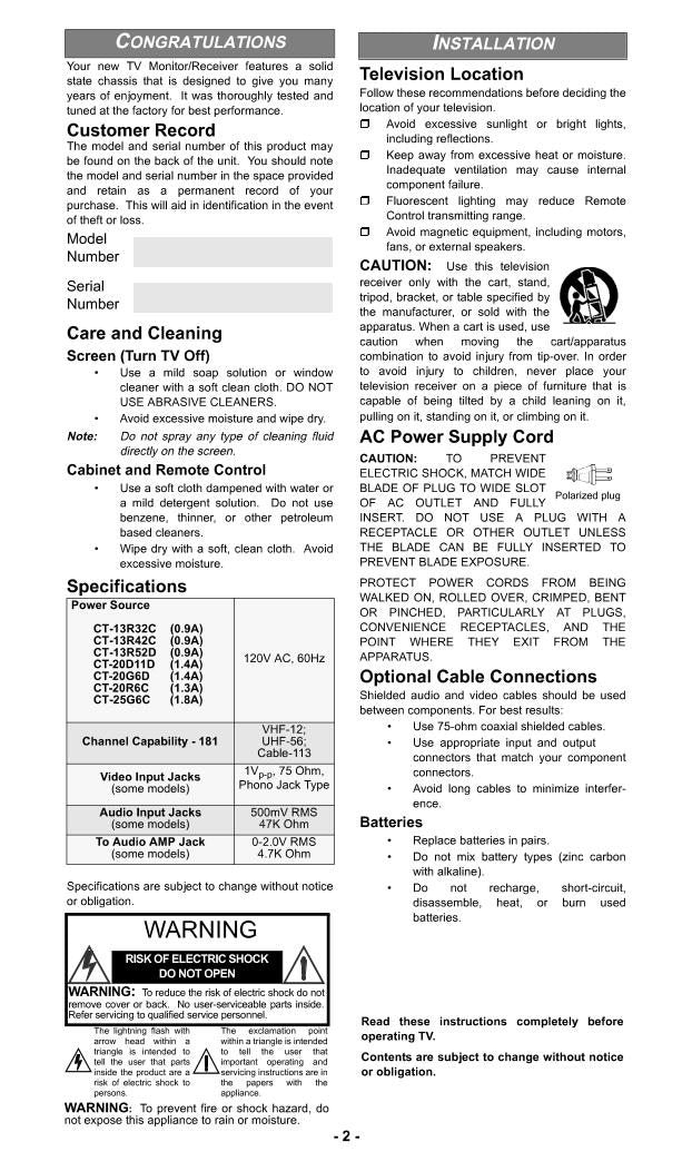 Panasonic CT13R32 CT13R42 CT13R52 TV Operating Manual