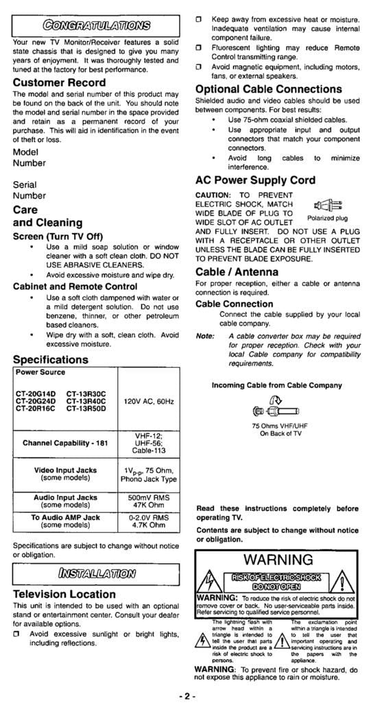 Panasonic CT13R16 CT13R17 CT13R27 TV Operating Manual