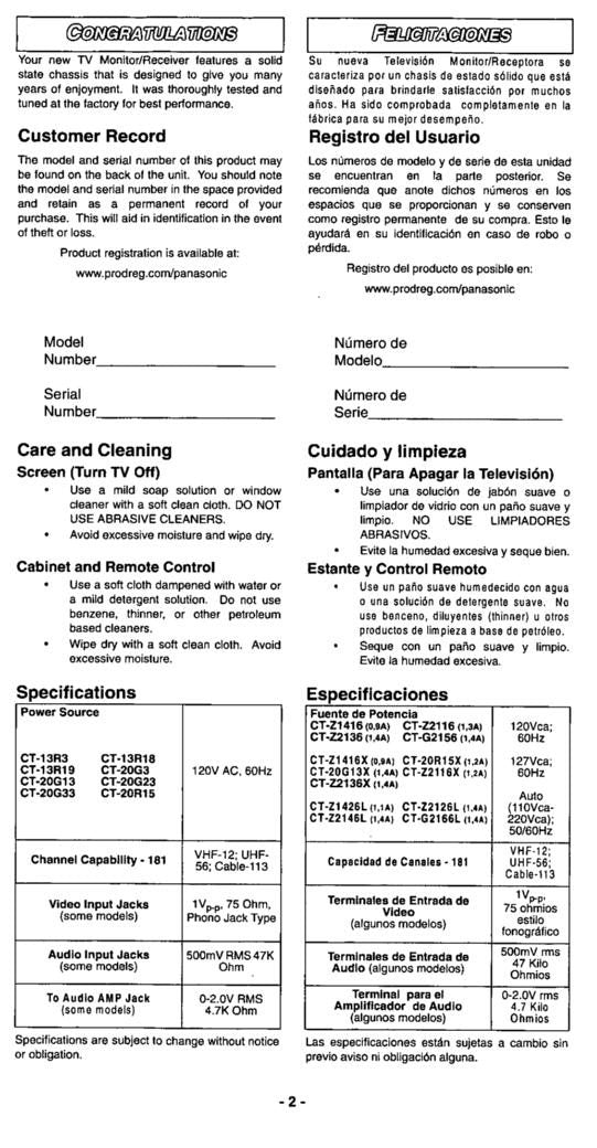 Panasonic 13R18 13R19 20G13 TV Operating Manual