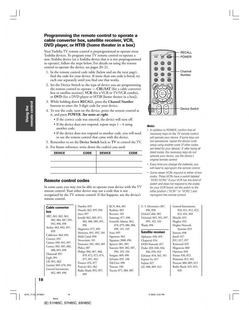 Toshiba CT90158 Manual  Codes CT90159 Manual  Codes TV Remote Control Operating Manual