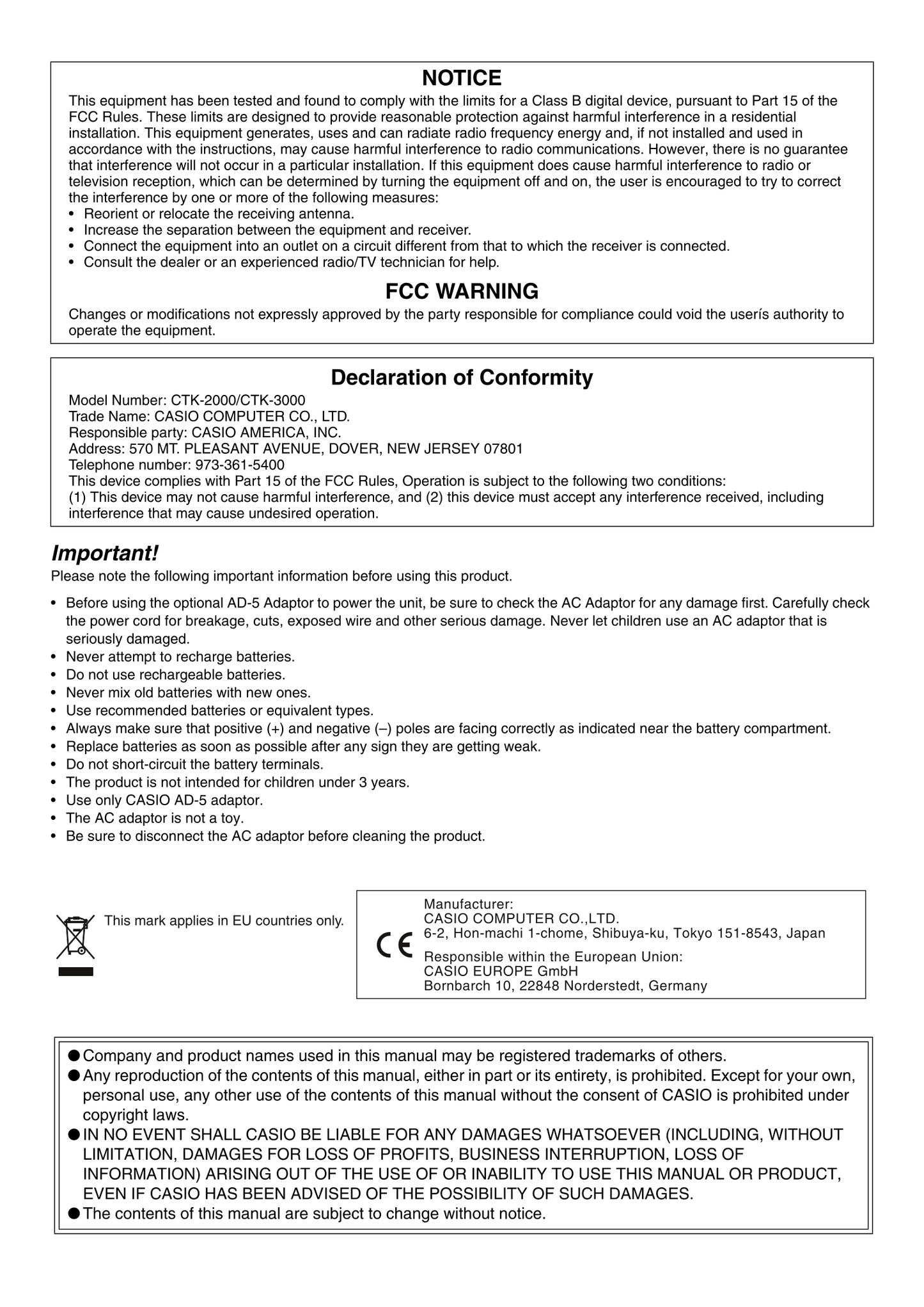 Casio CTK-2000 & CTK-3000 Keyboard Piano Owner's/ User Manual (Pages: 46)