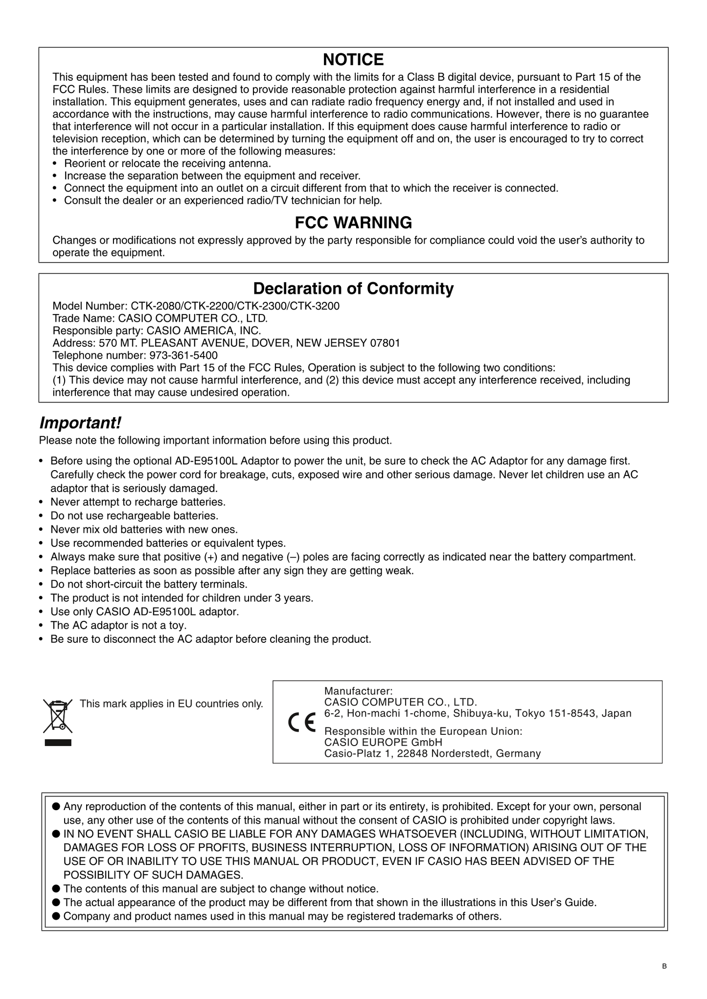 Casio CTK-2080, CTK-2200, CTK-2300 & CTK-3200 Keyboard Piano Owner's/ User Manual (Pages: 49)