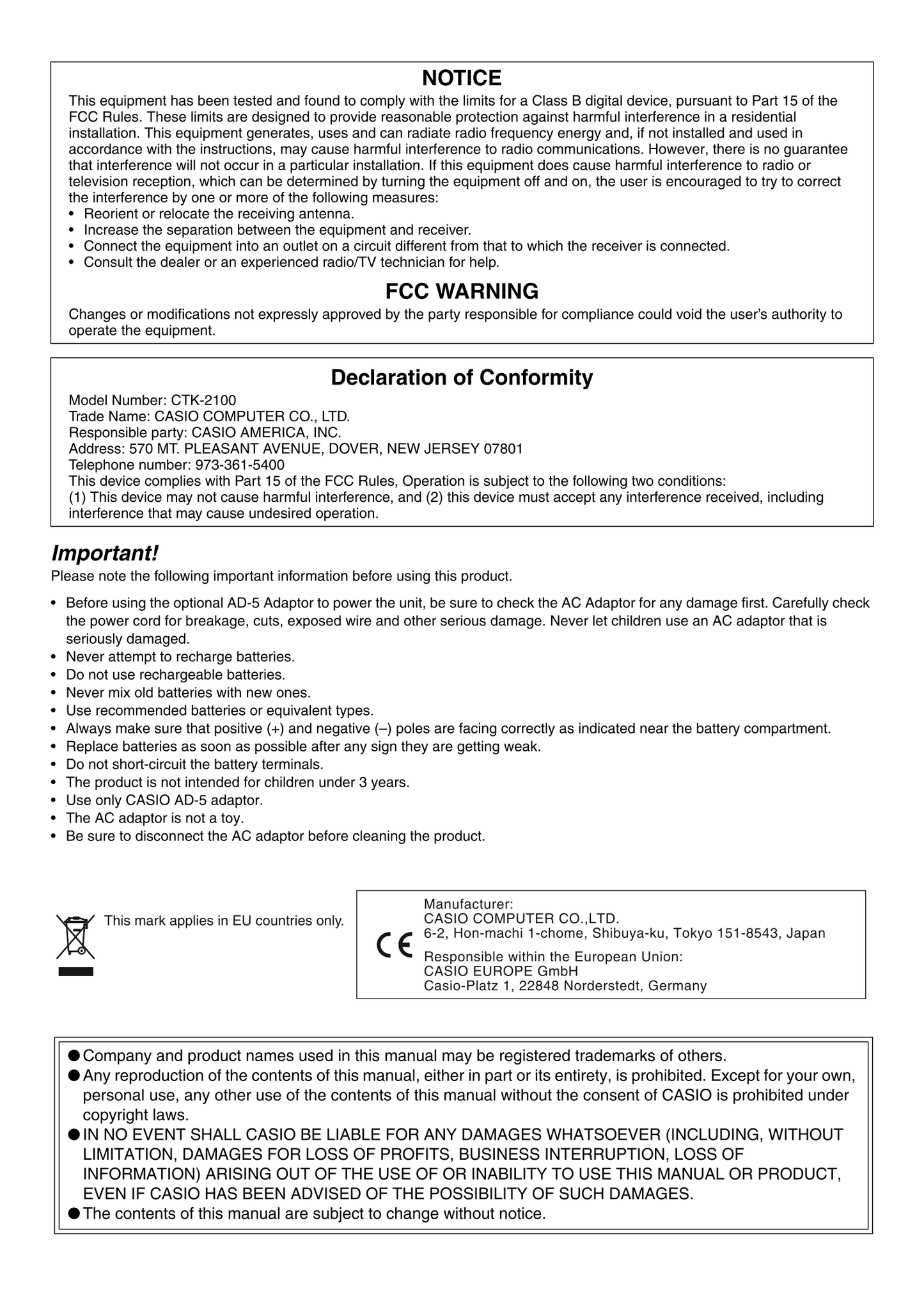 Casio CTK-2100 Keyboard Piano Owner's/ User Manual (Pages: 46)