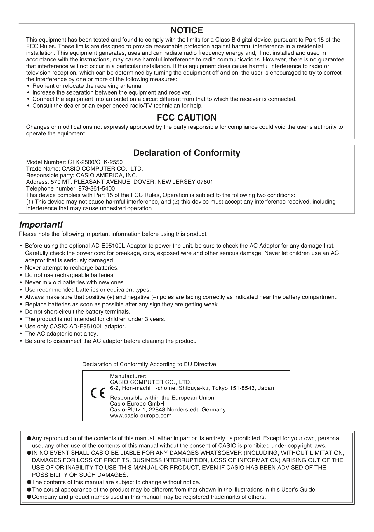 Casio CTK-2500 & CTK-2550 Keyboard Piano Owner's/ User Manual (Pages: 36)