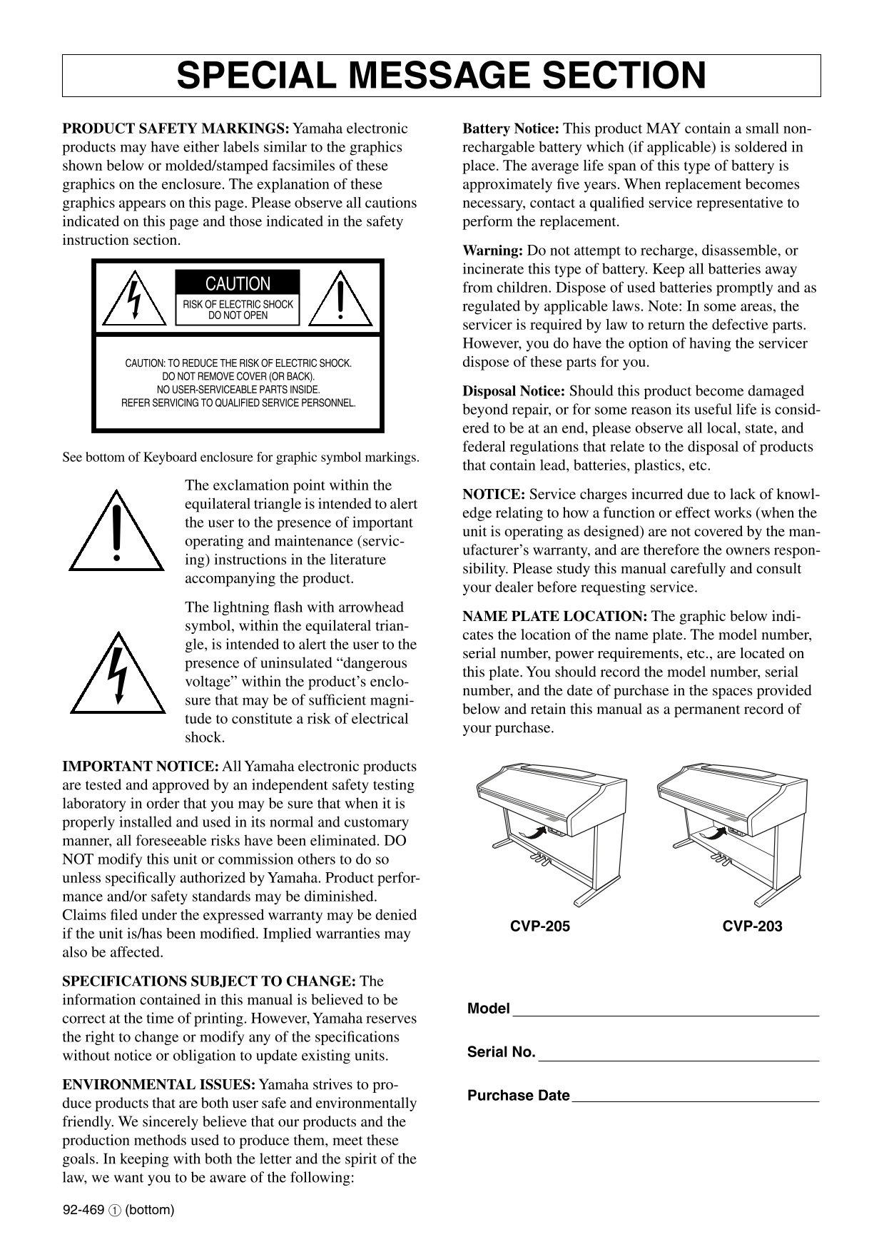 Yamaha CVP-203, CVP-205 & CVP-205M Digital Piano Owner's/ User Manual (Pages: 170)