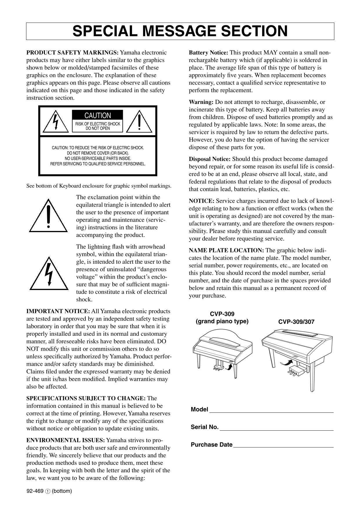 Yamaha CVP-307 & CVP-309 Digital Piano Owner's/ User Manual (Pages: 224)