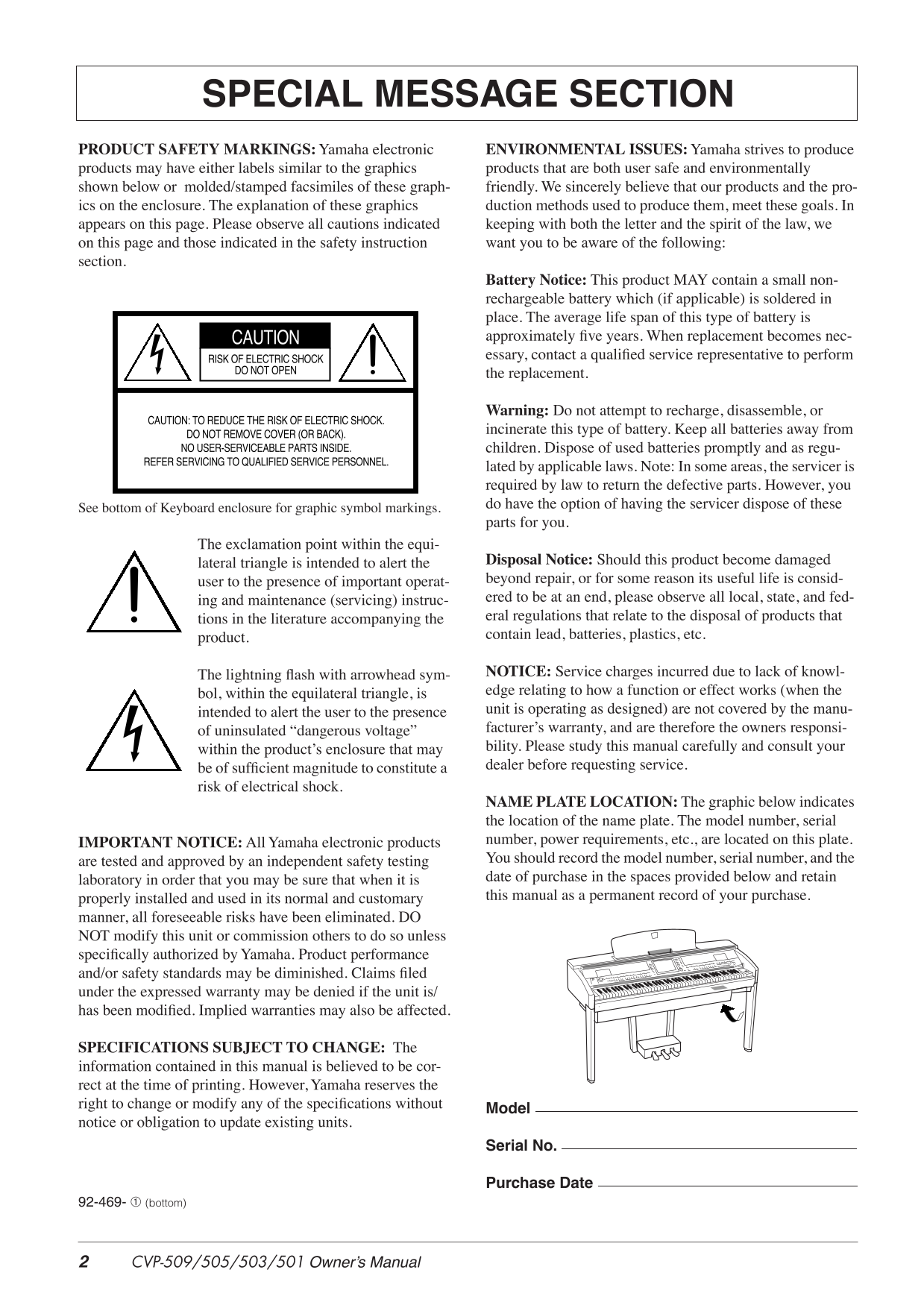 Yamaha CVP-501, CVP-503, CVP-505 & CVP-509 Digital Piano Owner's/ User Manual (Pages: 138)