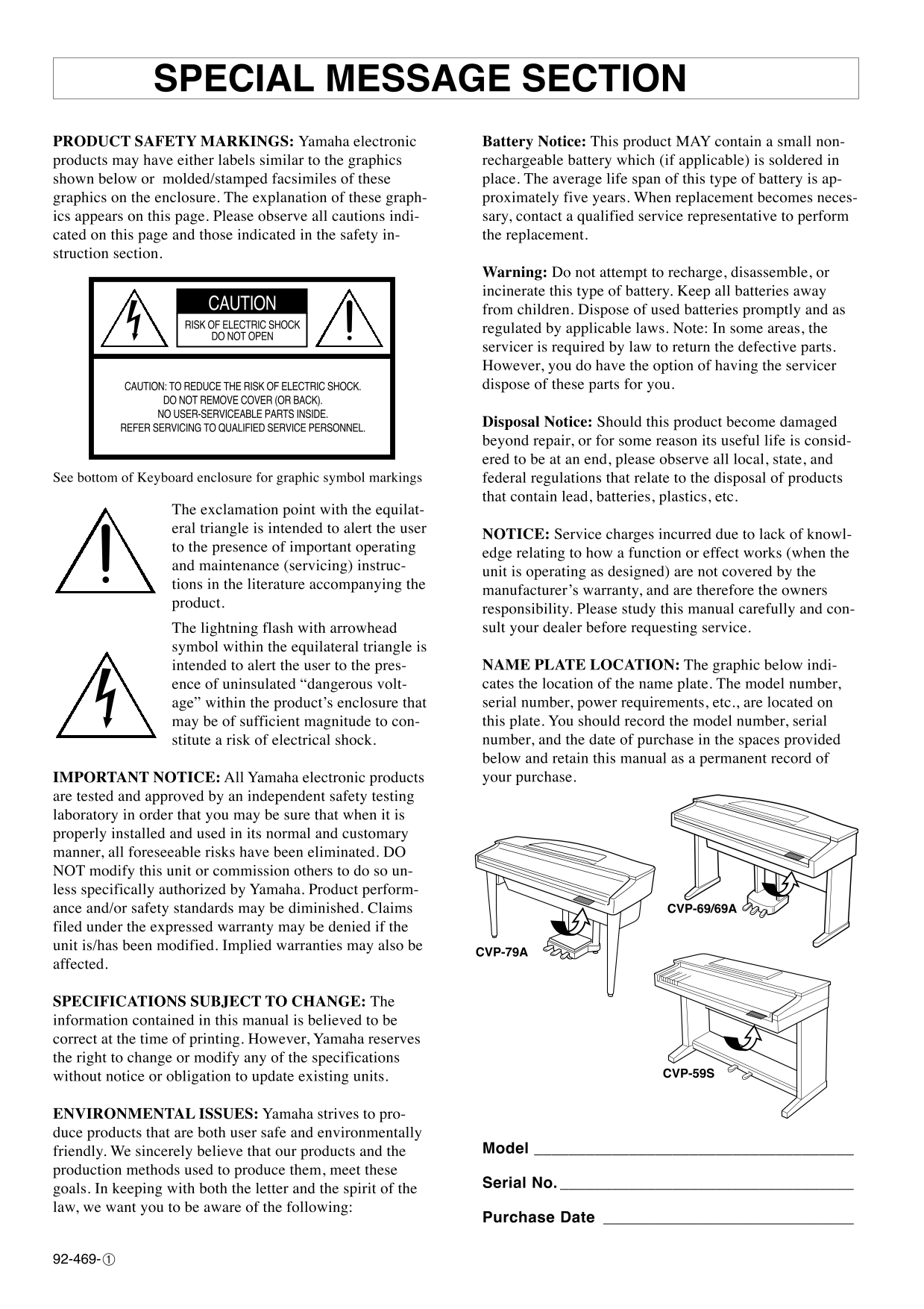 Yamaha CVP-59S, CVP-69, CVP-69A & CVP-79A Digital Piano Owner's/ User Manual (Pages: 163)