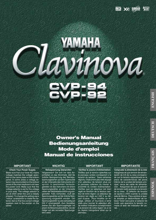 Yamaha CVP-92 & CVP-94 Digital Piano Owner's/ User Manual (Pages: 148)