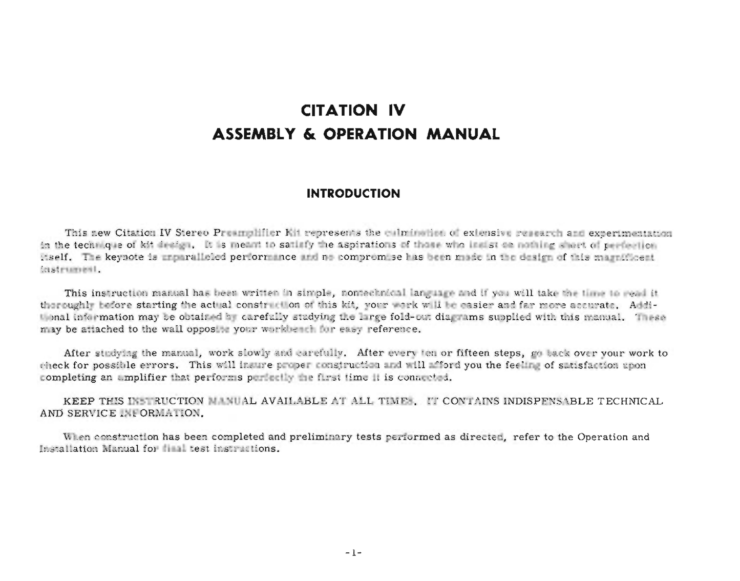 Harman/ Kardon Citation IV Stereophonic Preamplifier Service & Owners Manual (Pages: 87)