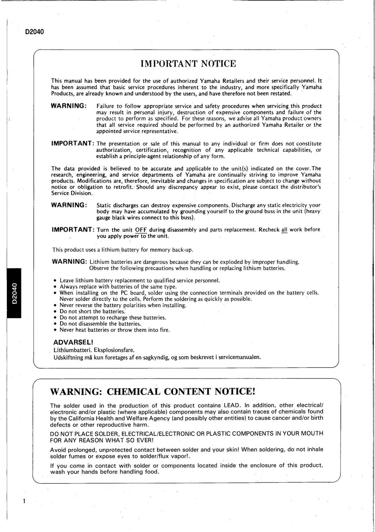 Yamaha D2040 Digital Channel Divider Service Manual (Pages: 49)