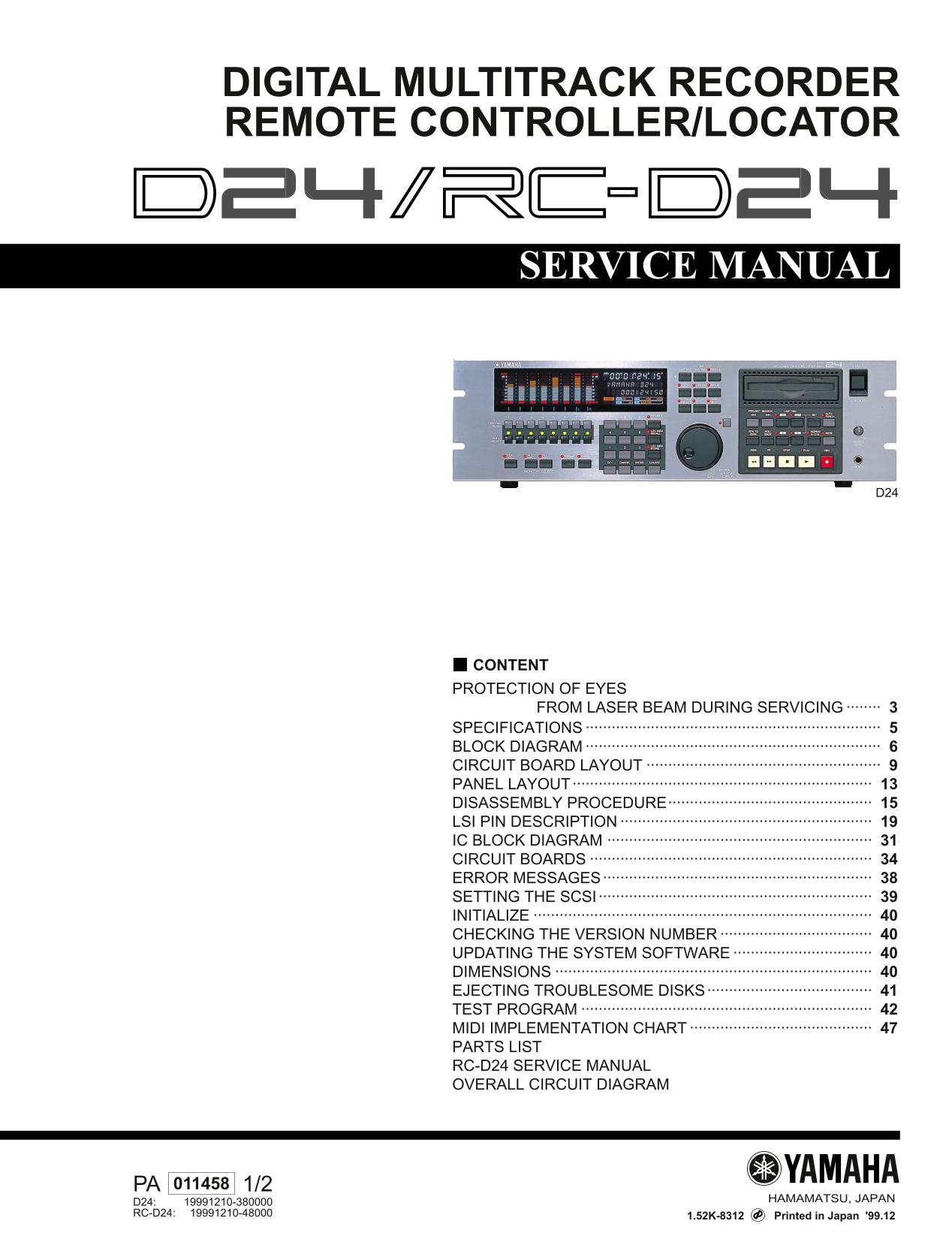 Yamaha D24 & RC-D24 Digital Multi-Track Recorder Service Manual (Pages: 67)