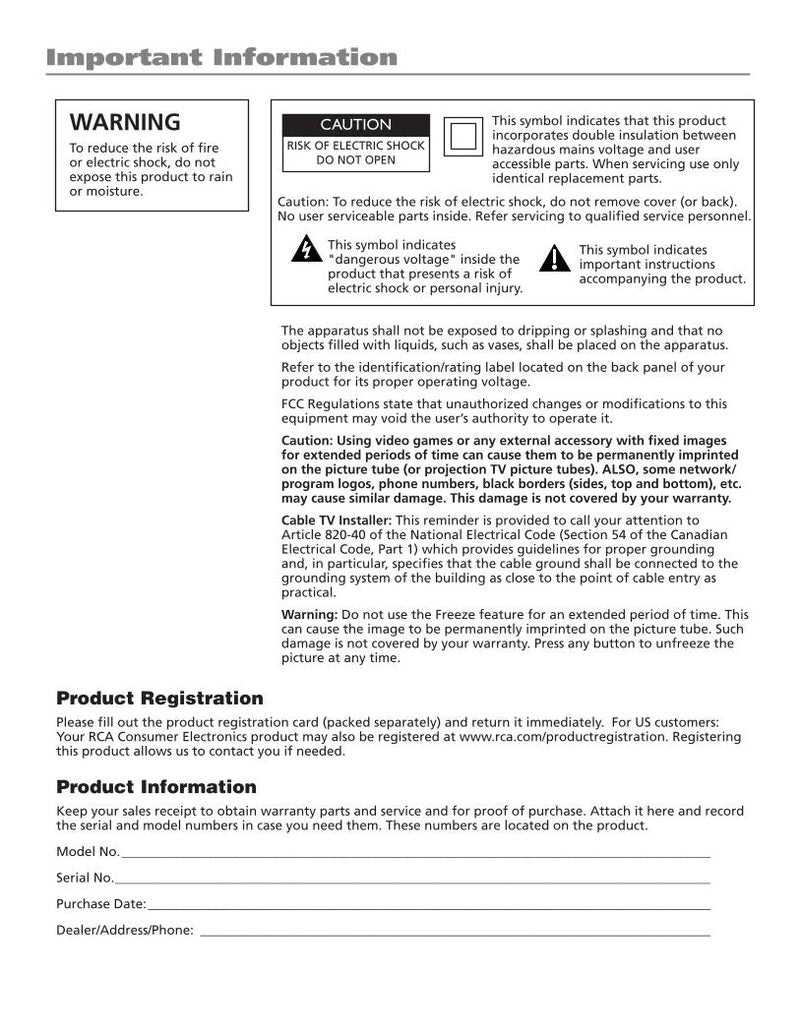 RCA D34W20B D34W20BYX1 D40W20B TV Operating Manual