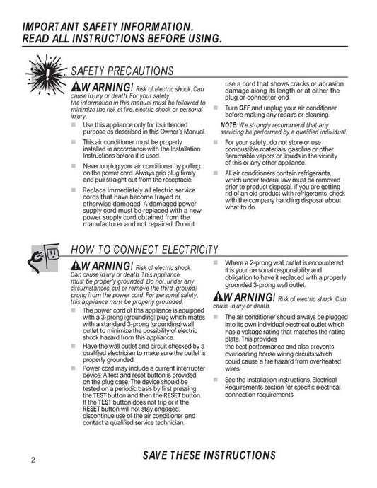 GE General Electric AGW05LBG1 Air Conditioner Unit Operating Manual