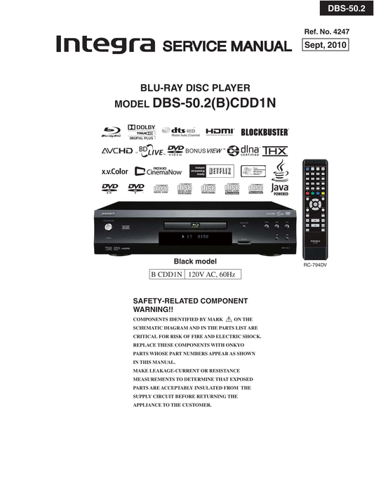 Integra DBS-50.2 Blu-Ray/ DVD Player Service Manual (Pages: 68)