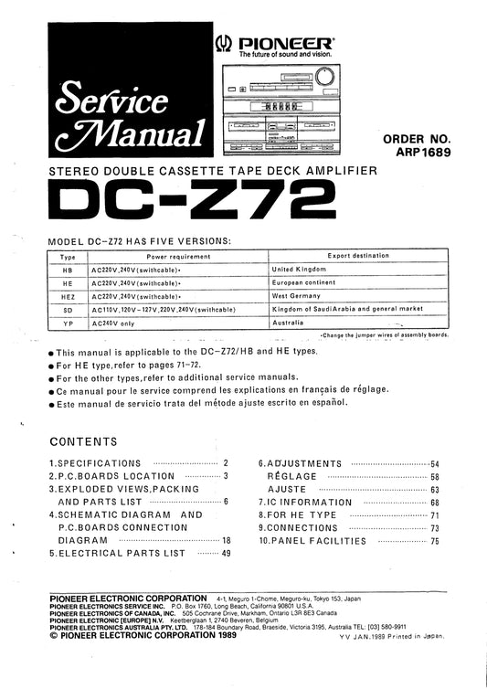 Pioneer DC-Z72 Double Cassette Tape Deck Amplifier Service Manual (Pages: 60)