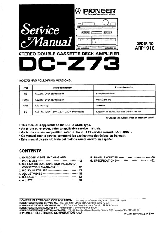 Pioneer DC-Z73 Double Cassette Tape Deck Amplifier Service Manual (Pages: 37)