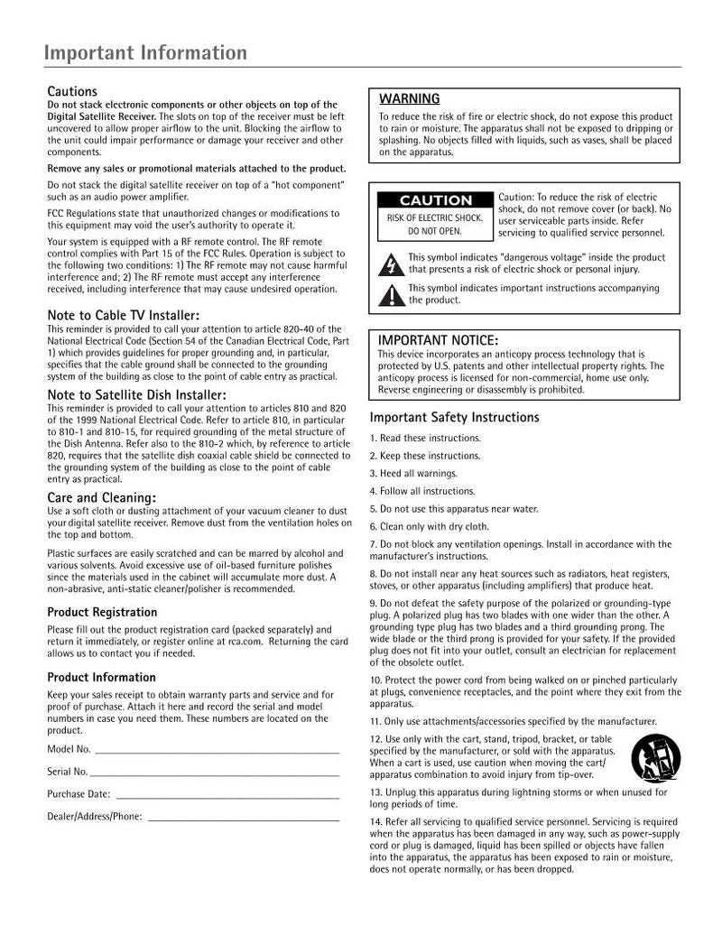 RCA DCD407RH Satellite Receiver Operating Manual