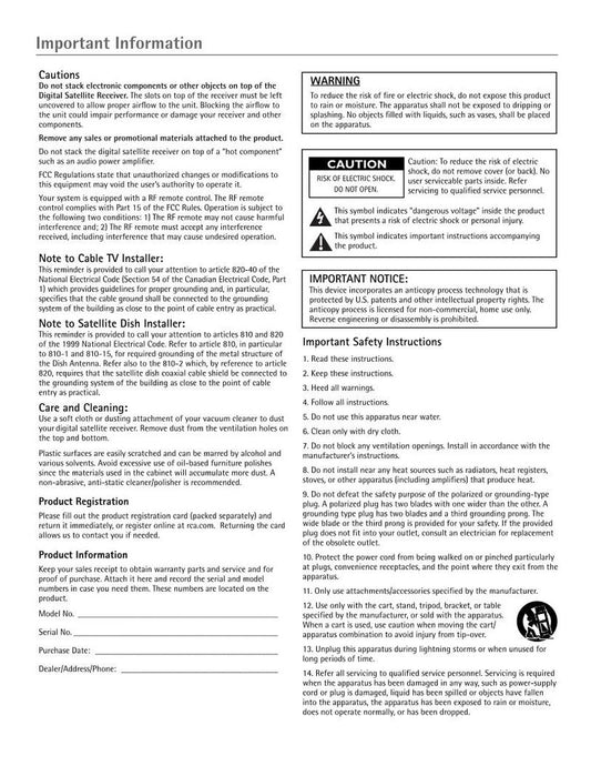 RCA DCD407RH Satellite Receiver Operating Manual