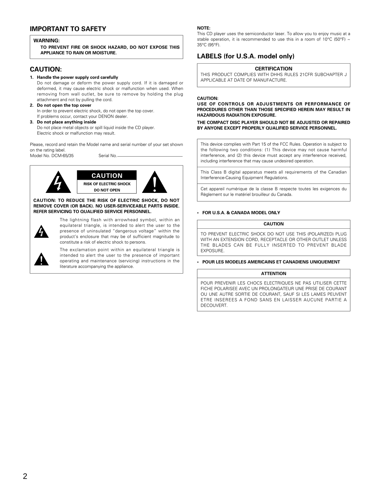 Denon DCM-35 & CM-65 Stereo CD Player Owner/ User Manual (Pages: 38)