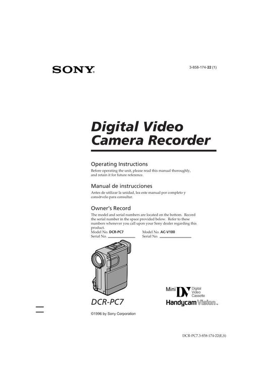 Sony 3858174211 ACV100 DCRPC7 Video Camera Operating Manual