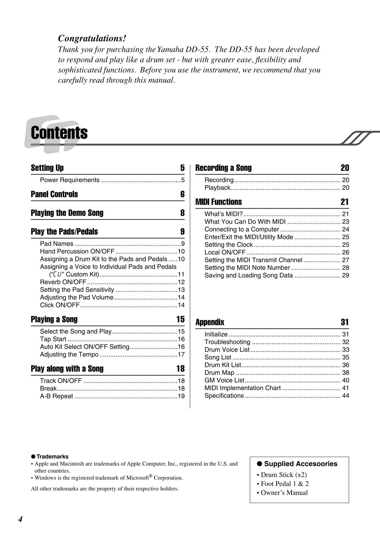 Yamaha DD-55 & DD-55C Electronic Drum Set Owner's/ User Manual (Pages: 47)