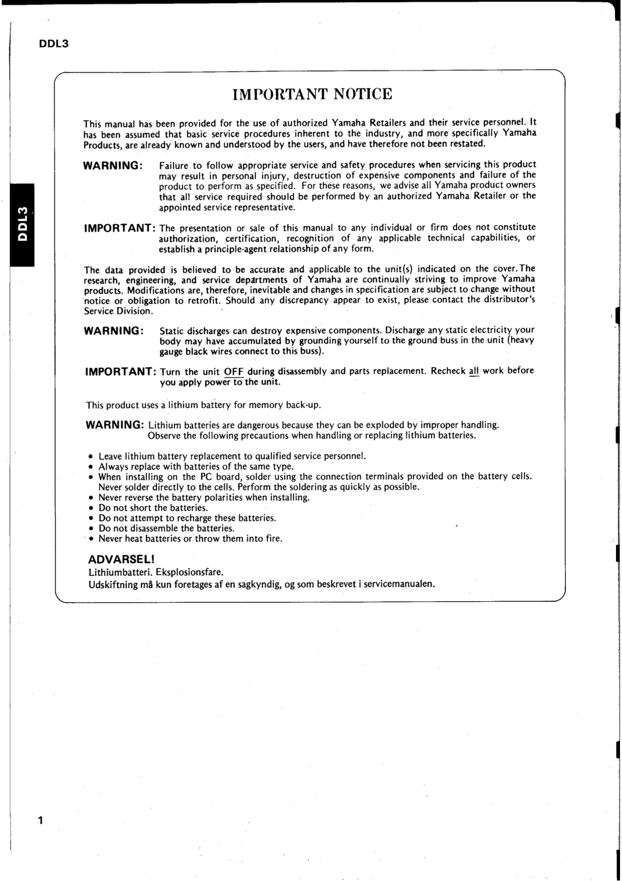 Yamaha DDL3 & D1030 Digital Delay Line Service Manual (Pages: 41)