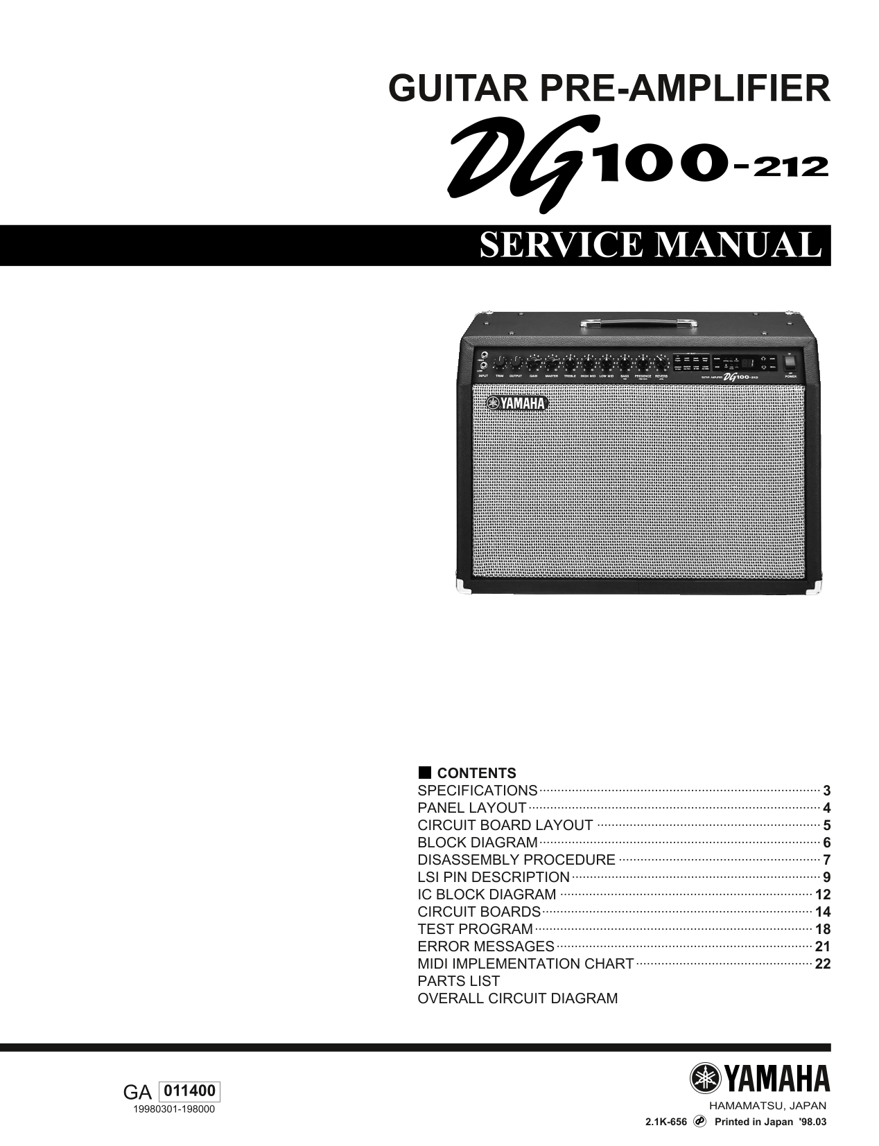 Yamaha DG100-212 Guitar Pre-Amplifier Service Manual (Pages: 42)