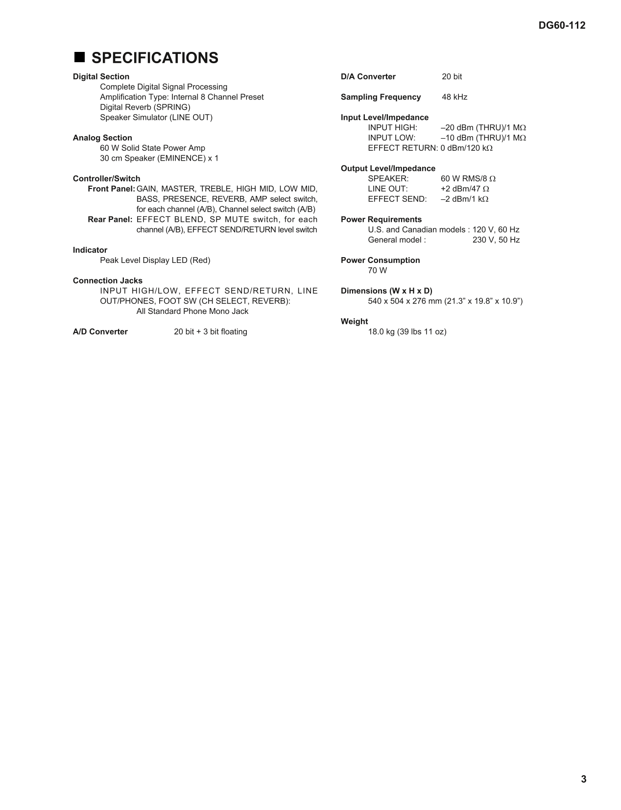 Yamaha DG60-112 Guitar Amplifier Service Manual (Pages: 27)