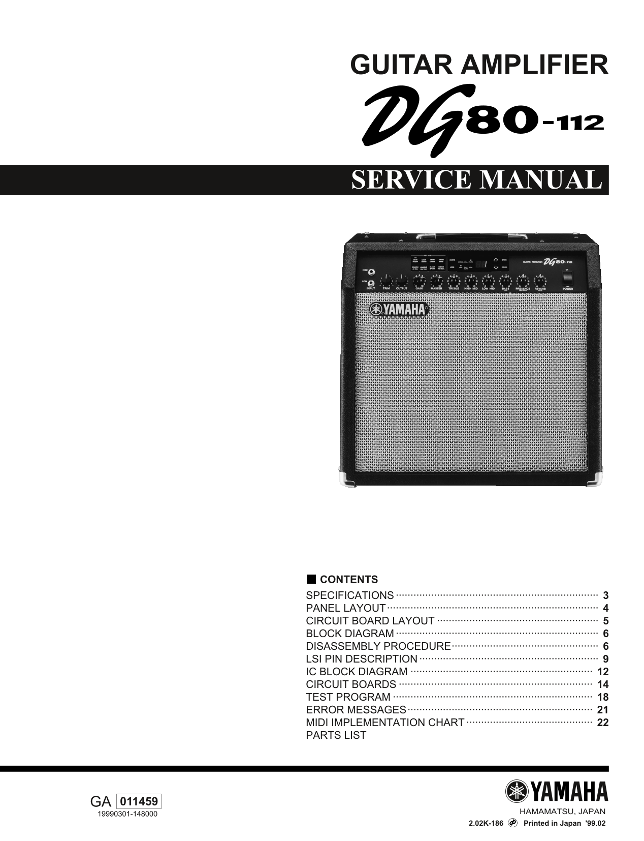 Yamaha DG80-112 Guitar Amplifier Service Manual (Pages: 44)