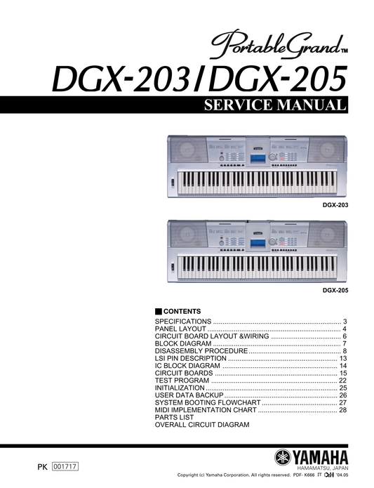 Yamaha DGX-203 & DGX-205 Digital Grand Piano Keyboard Service Manual (Pages: 43)