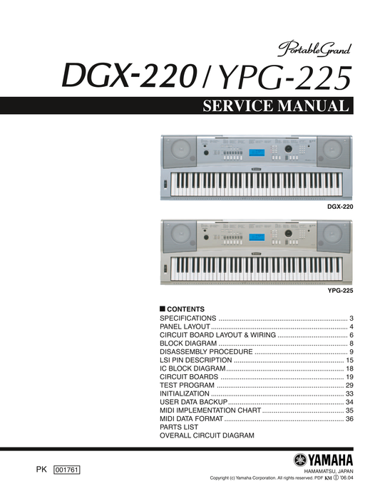 Yamaha DGX-220 & YPG-225 Digital Grand Piano Keyboard Service Manual (Pages: 52)